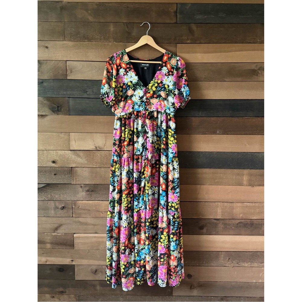 Sugar Lip Floral Tiered Maxi Dress Puff Sleeve Button Front Size Small